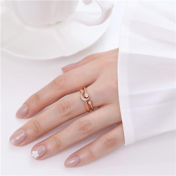 New Sterling Silver Moon and Star Ring Set Handmade Stackable Gold Plated - Picture 5 of 7